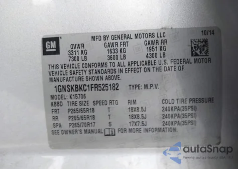 2015 Chevrolet Tahoe Lt from USA, damaged, VIN 1GNSKBKC1FR525182